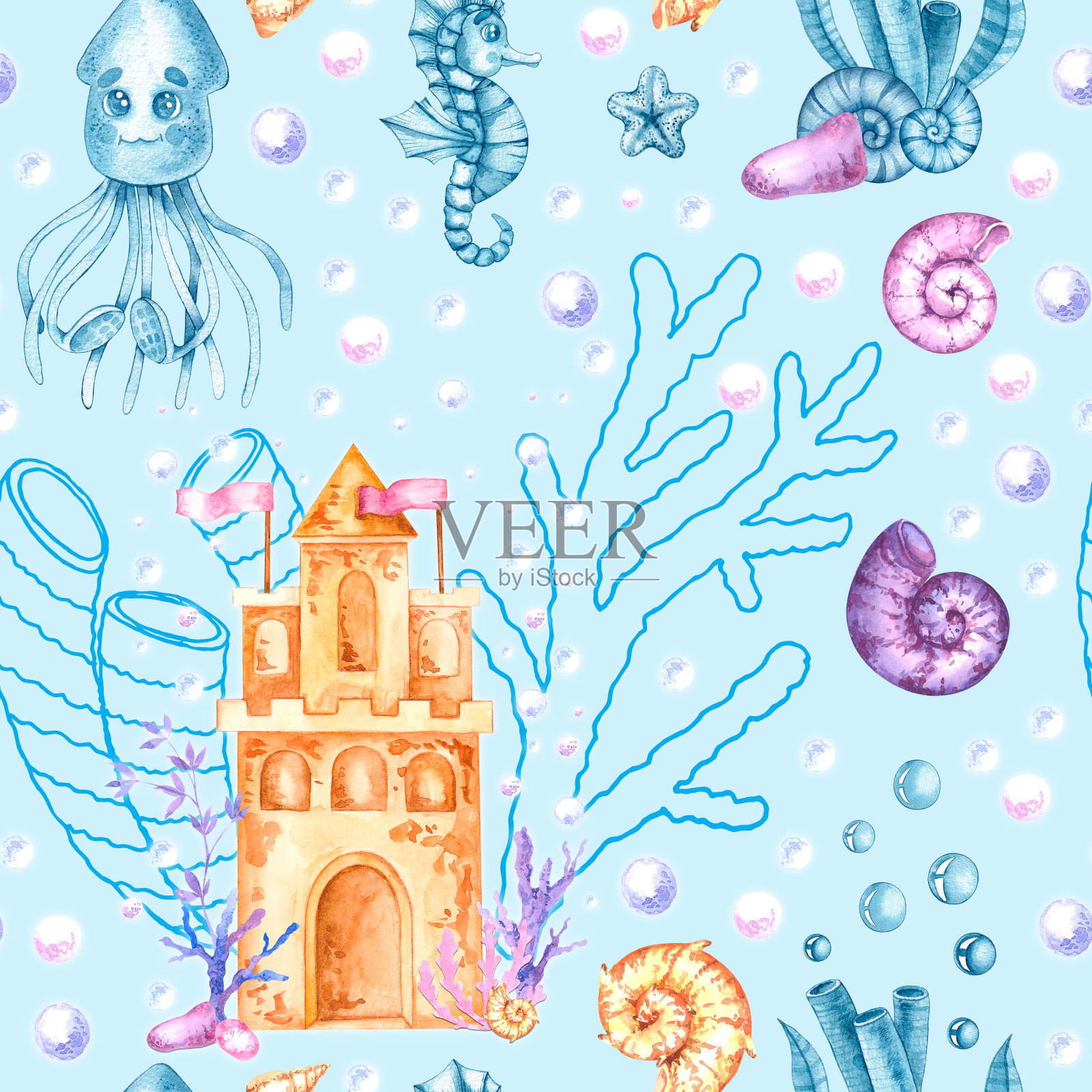水彩图案有沙堡、海洋生物插画图片素材
