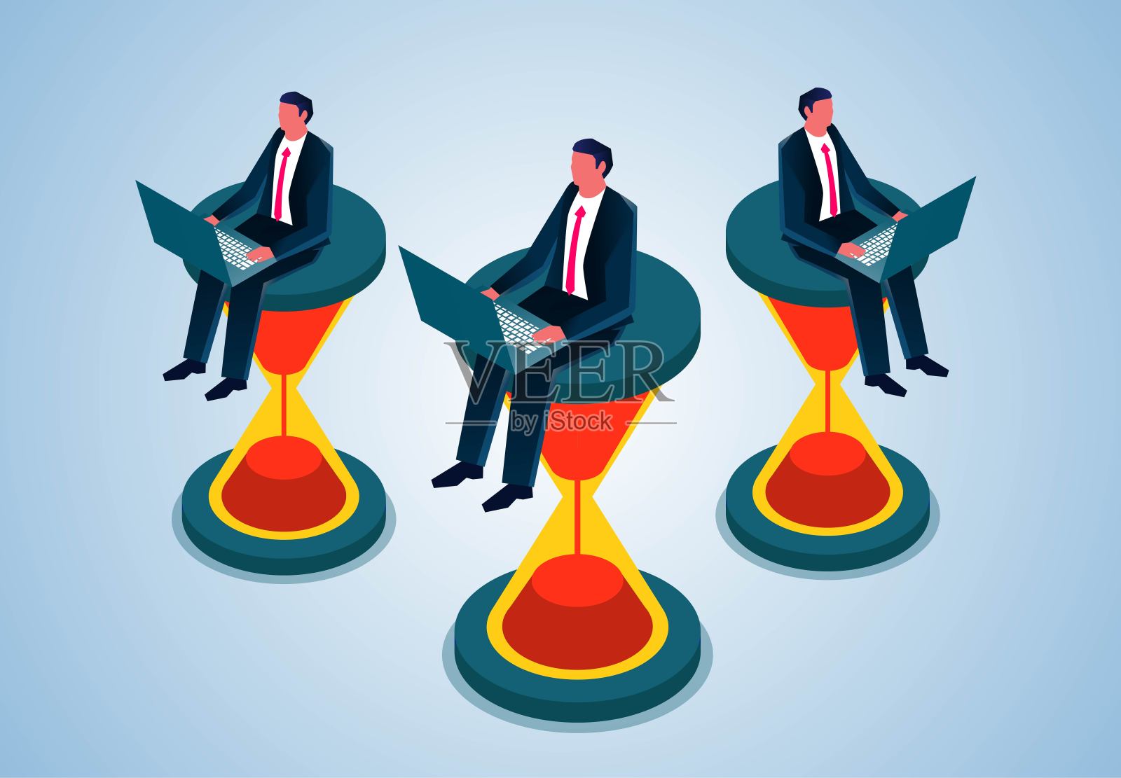 等距商人坐在沙漏上完成工作，赶在截止日期前完成工作，倒计时，时间管理的概念和工作效率插画图片素材