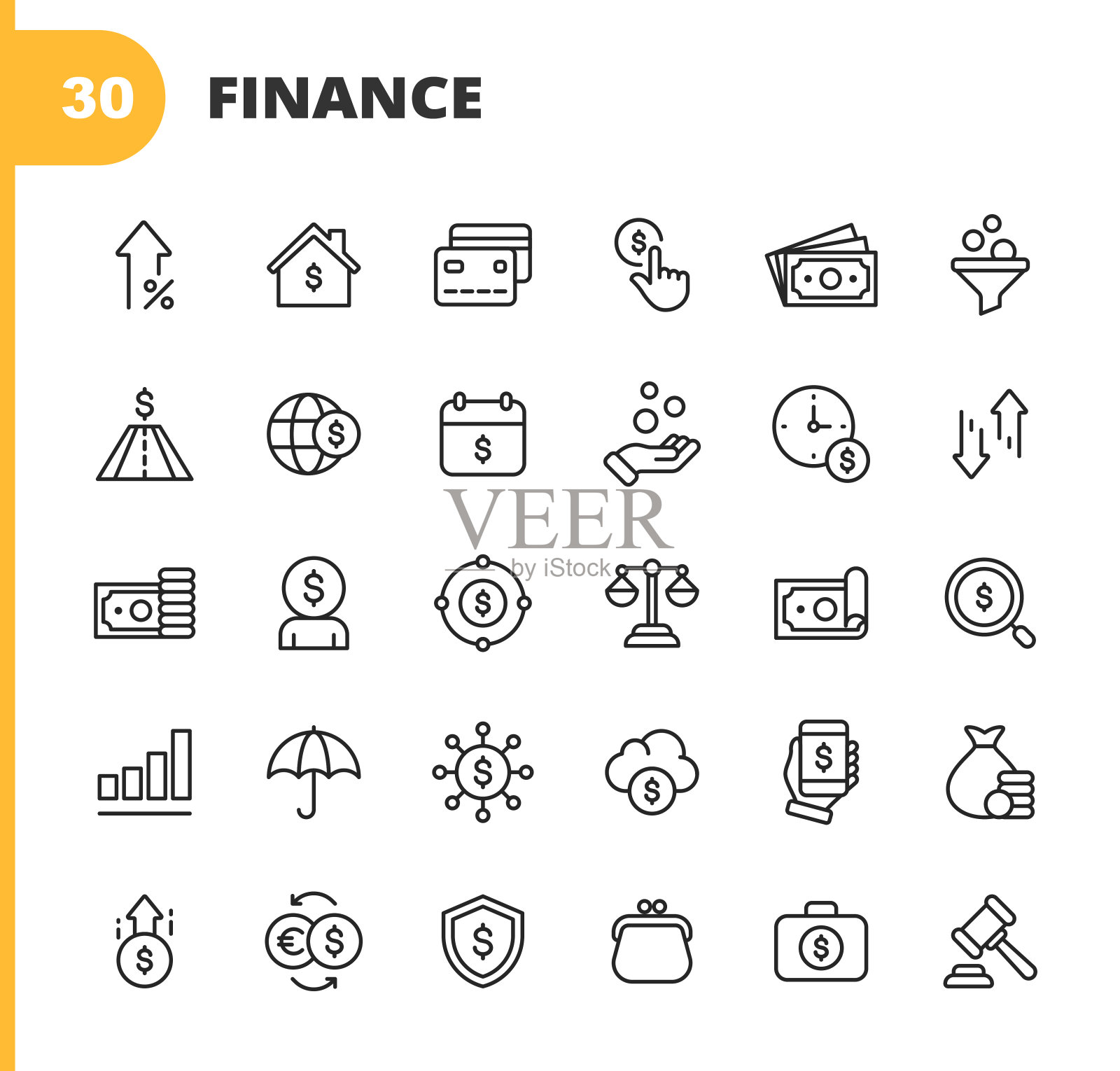 金融和银行线路图标。可编辑的中风。像素完美。移动和网络。包含货币、金融、银行、硬币、图表、房地产、个人理财、保险、拍卖、货币兑换、股票市场、加密货币、美元等图标。图标素材