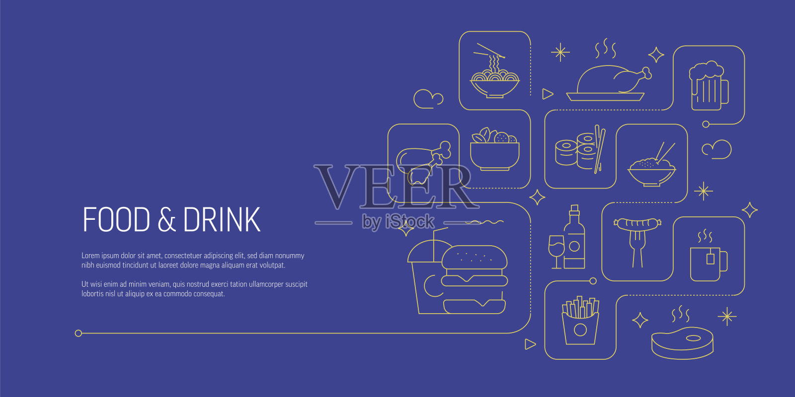 食品和饮料相关矢量横幅设计概念，现代线条风格与图标插画图片素材