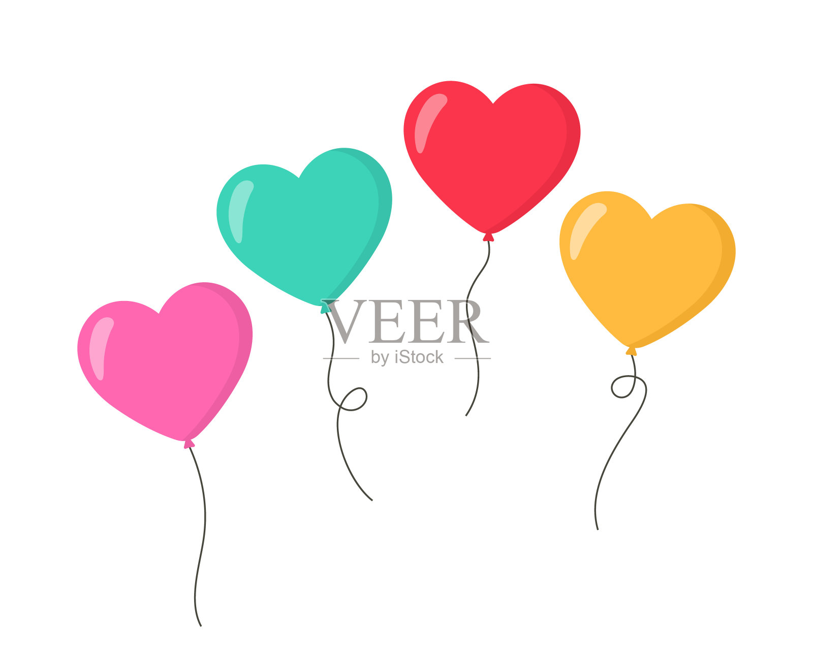 气球的心。心形气球的平面风格。为爱情，生日和派对准备的气球。有绳子的飞行气球。球孤立在白色背景。庆祝和狂欢的图标。向量设计元素图片