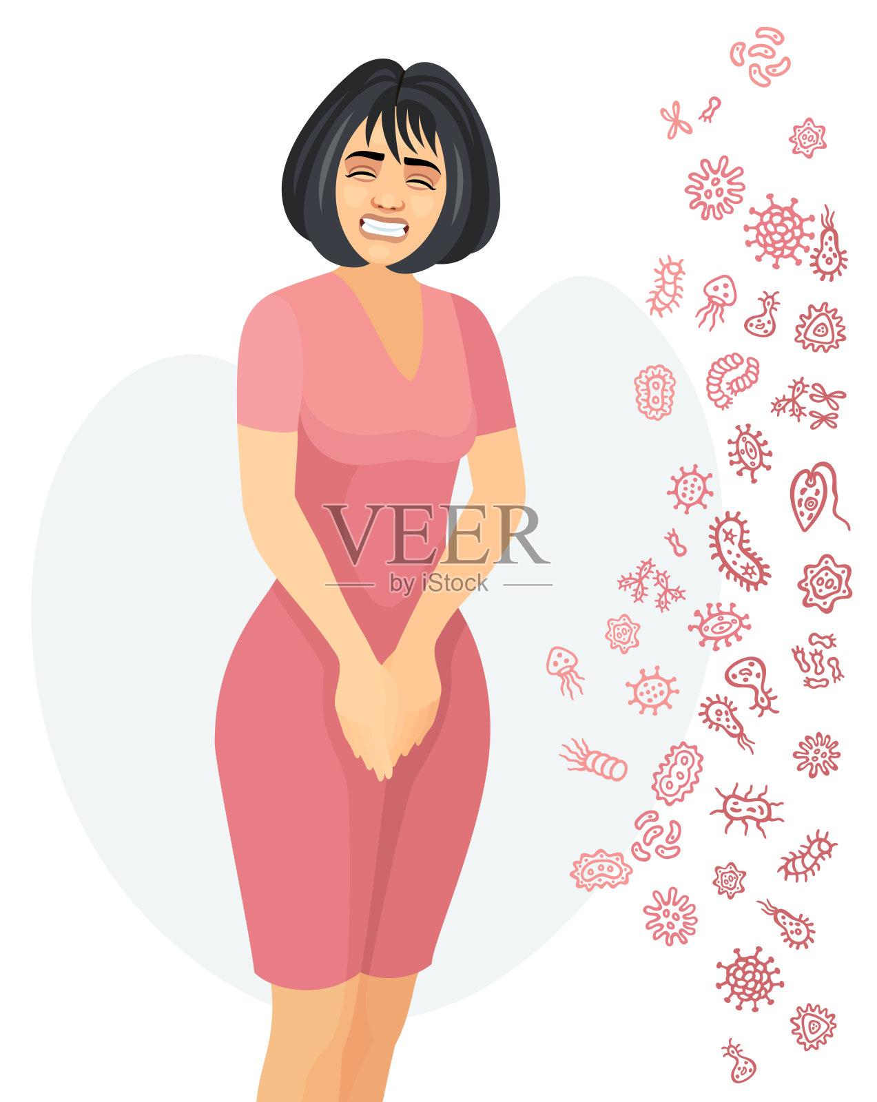 穿着裙子的年轻女子。妇女的卫生。月经期。尿失禁。插画图片素材