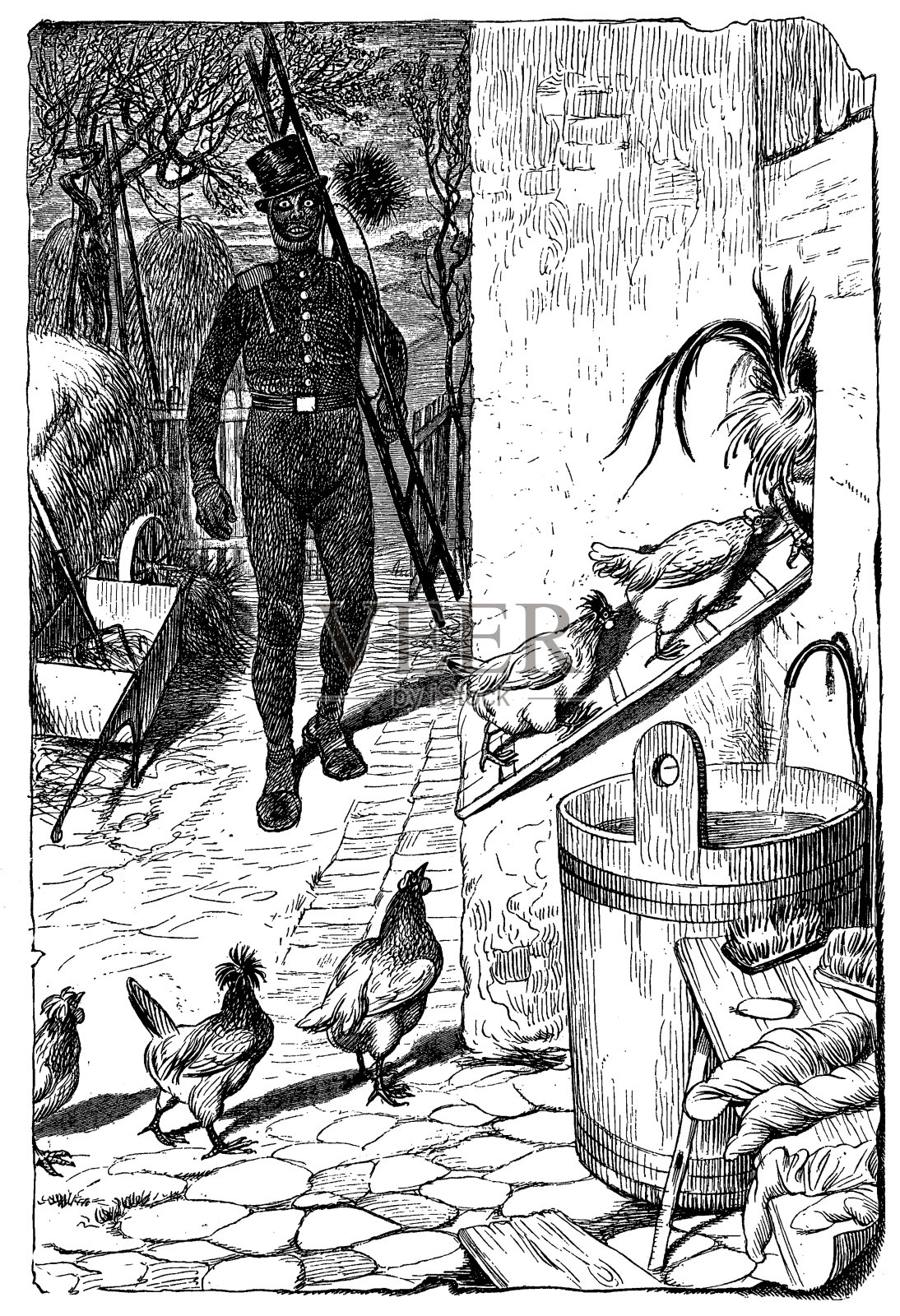 农场的烟囱清洁工——1896年插画图片素材