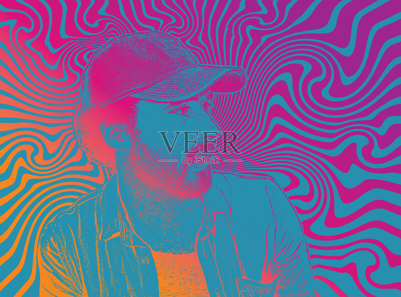 帅气的潮男，有着迷幻背景插画图片素材