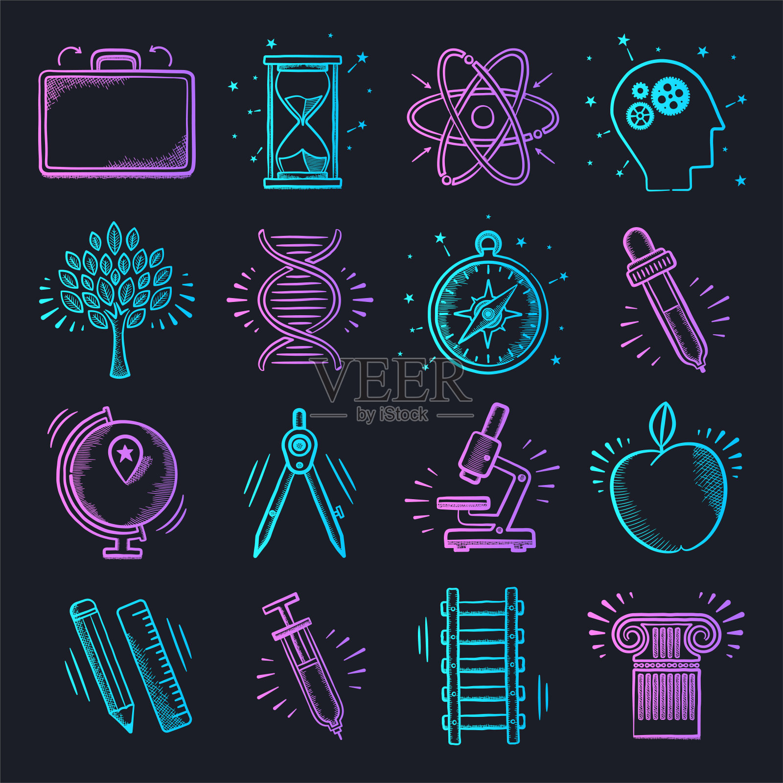 科学实验室学习霓虹灯涂鸦风格矢量图标集插画图片素材