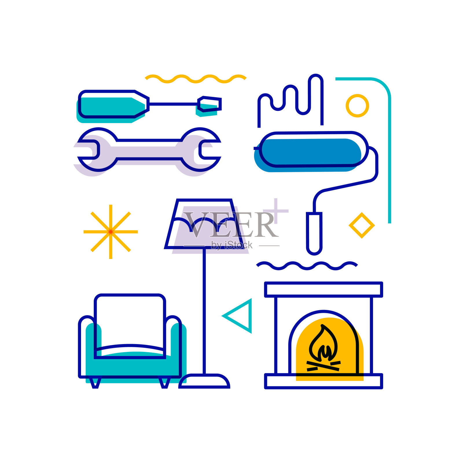 家居装饰与室内设计相关的设计元素。带有轮廓图标的图案设计。色彩斑斓的矢量图插画图片素材