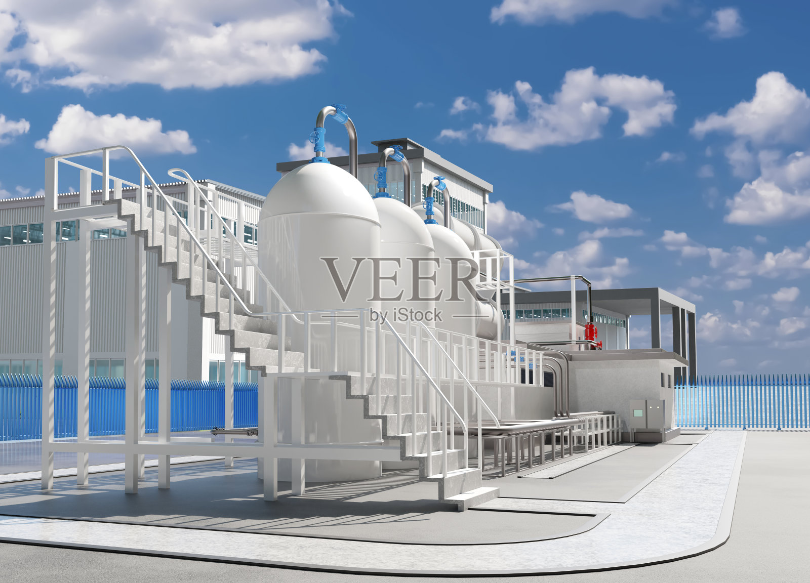 化工生产。工业景观。植物的外部。工厂地盘上的白色坦克…工业结构。蓝天下的工厂。现代工业企业。三维图像照片摄影图片