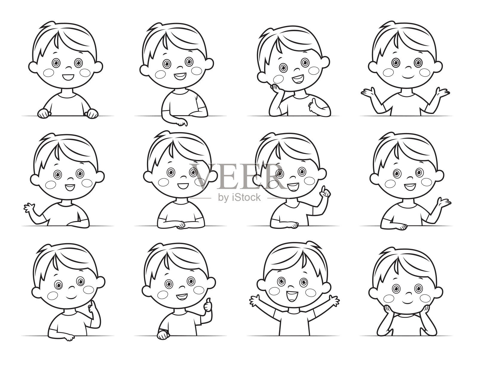 黑色和白色，小男孩的面部表情，卡通矢量插图孤立在白色的背景插画图片素材