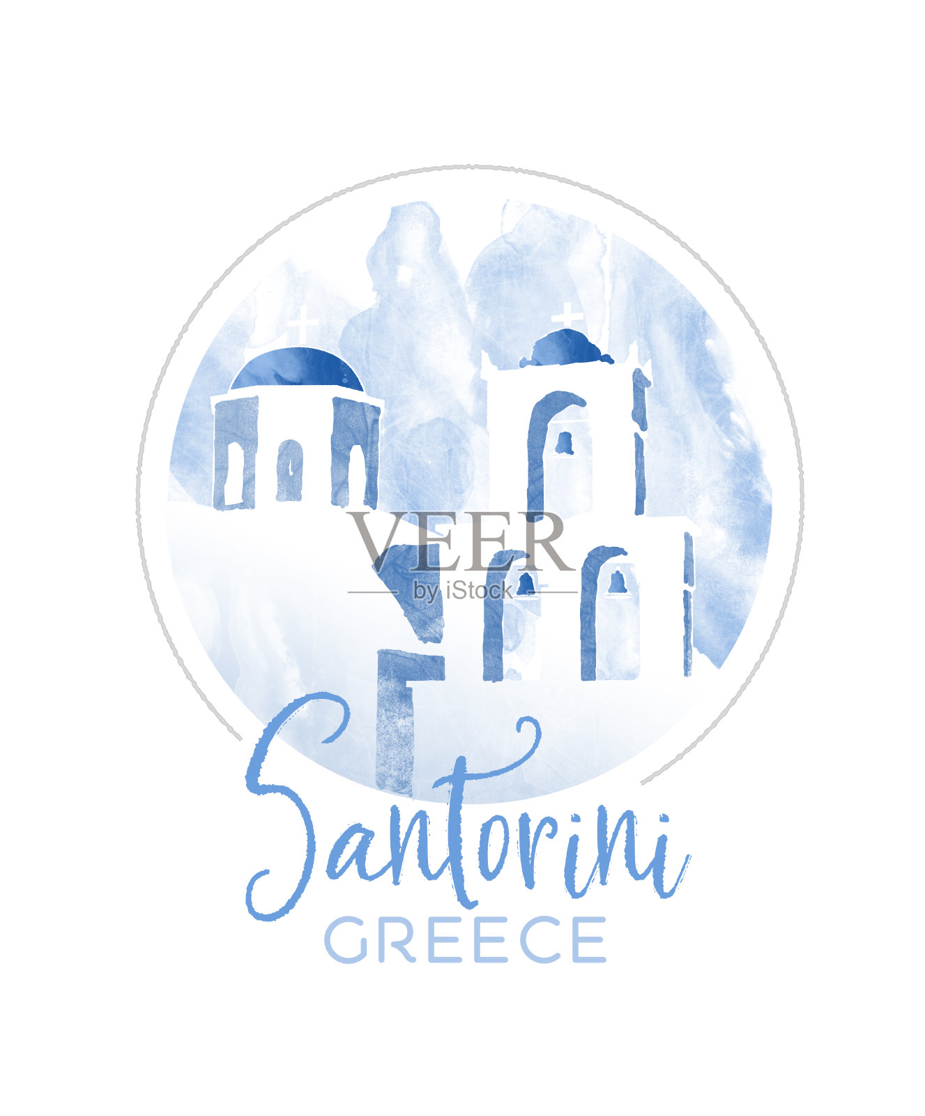 圣托里尼钟楼和希腊伊亚的蓝色穹顶水彩画插画图片素材