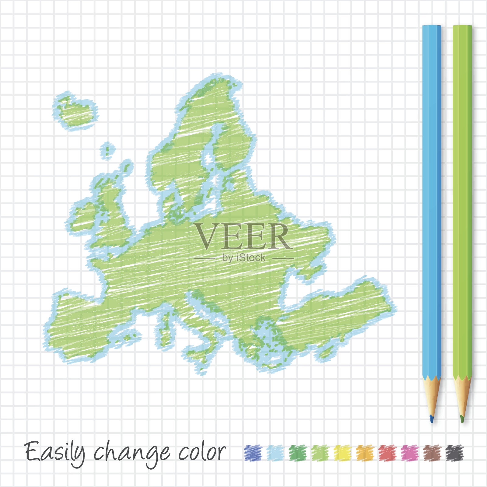 用彩色铅笔在格子纸上画欧洲地图草图插画图片素材