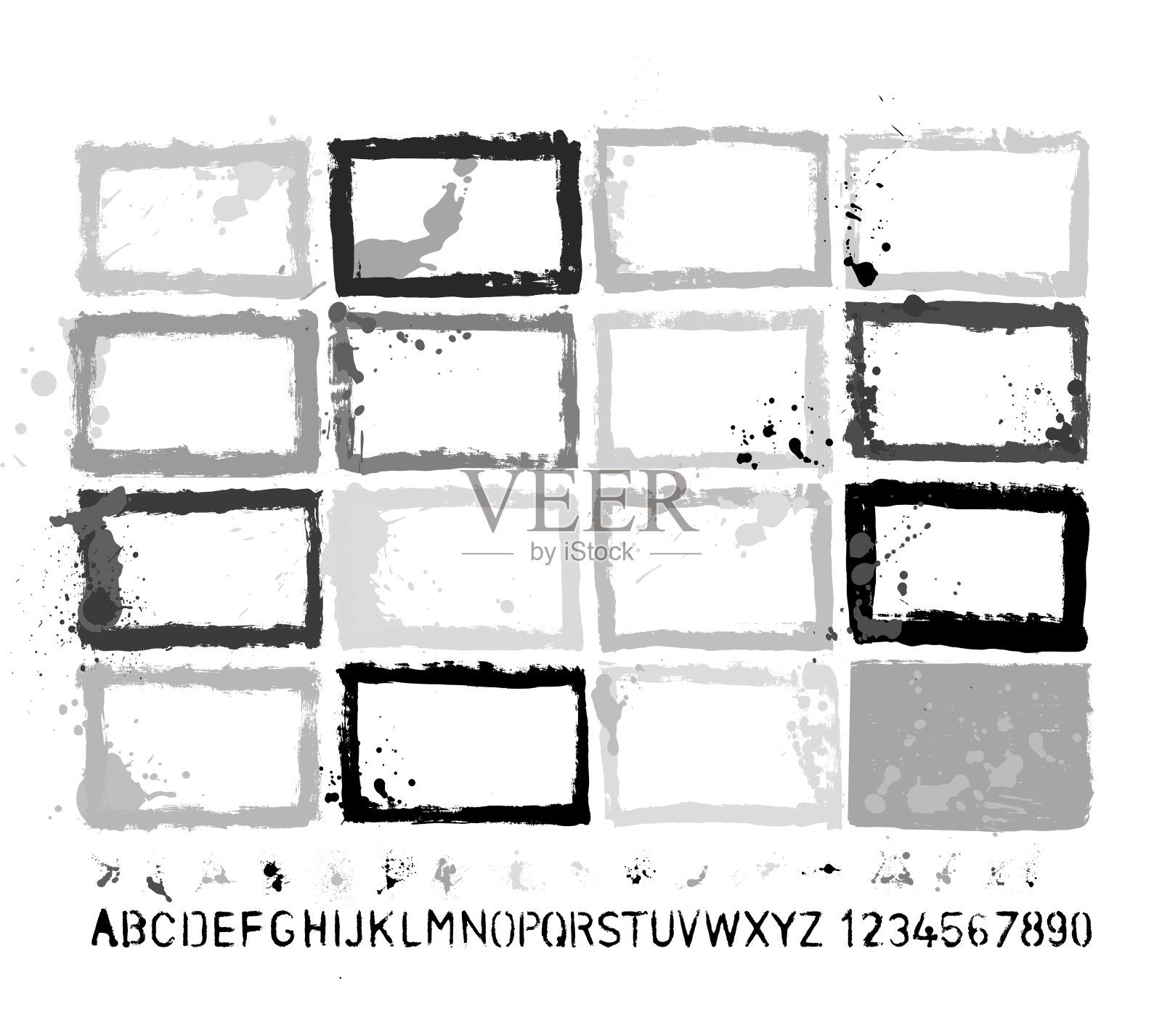 设计师要点:油漆垃圾边框模板&飞溅&滴&滴&手工制作的字母字体矢量集插画图片素材