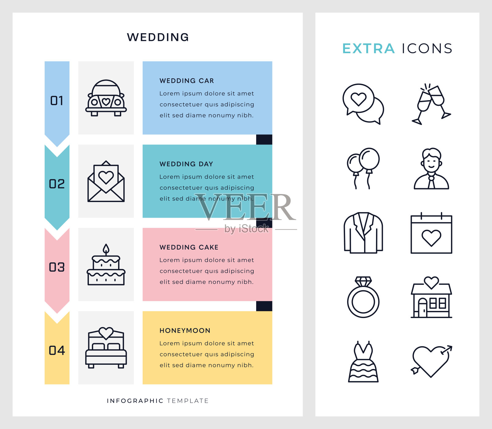 婚礼信息图表模板和线条图标。插画图片素材