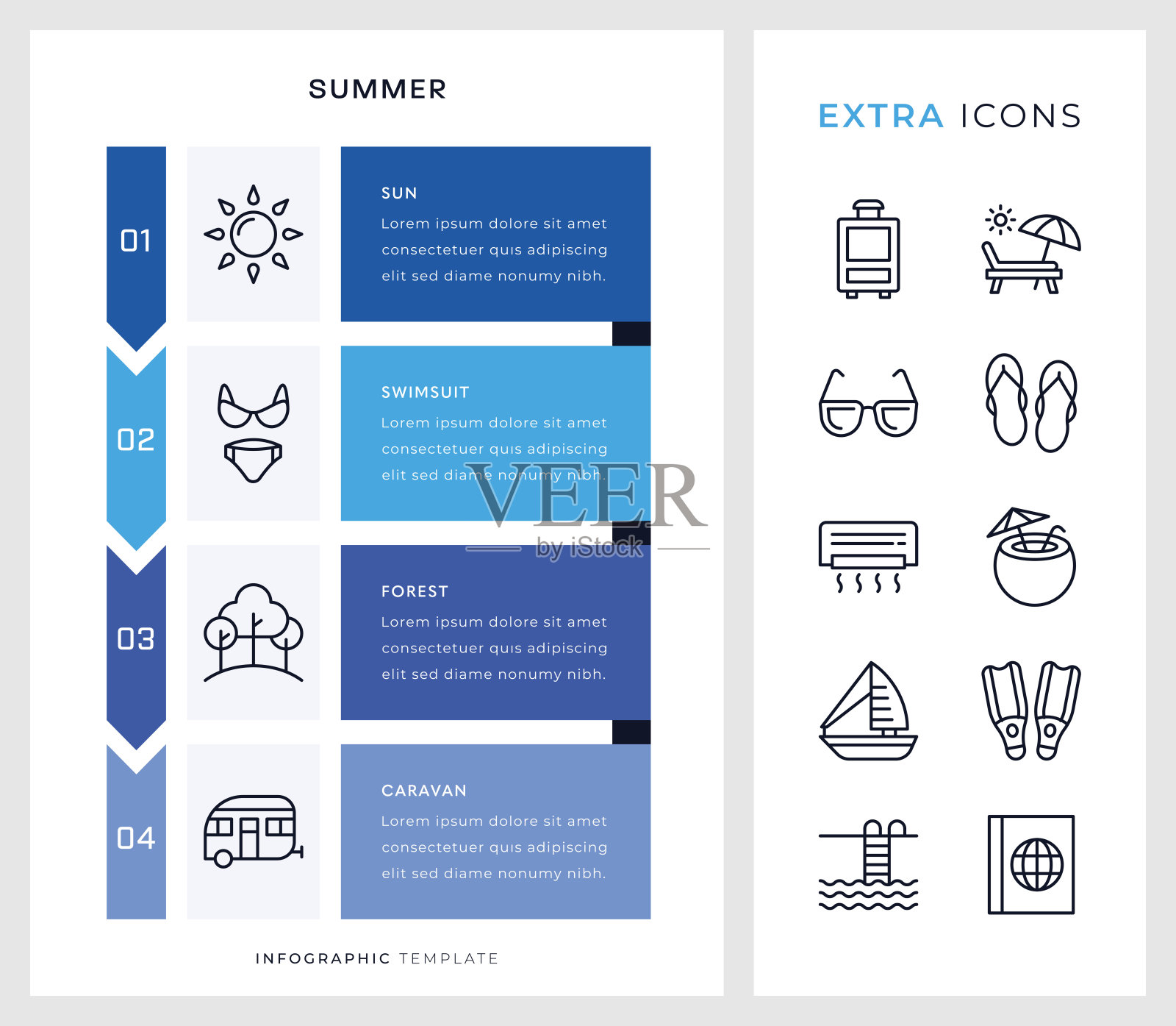 夏季信息图表模板和线条图标。插画图片素材