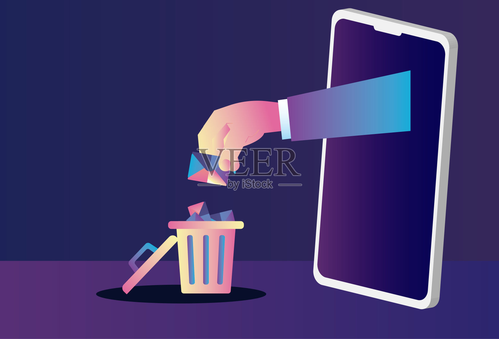 把电话里的邮件扔进垃圾桶，删除垃圾邮件插画图片素材