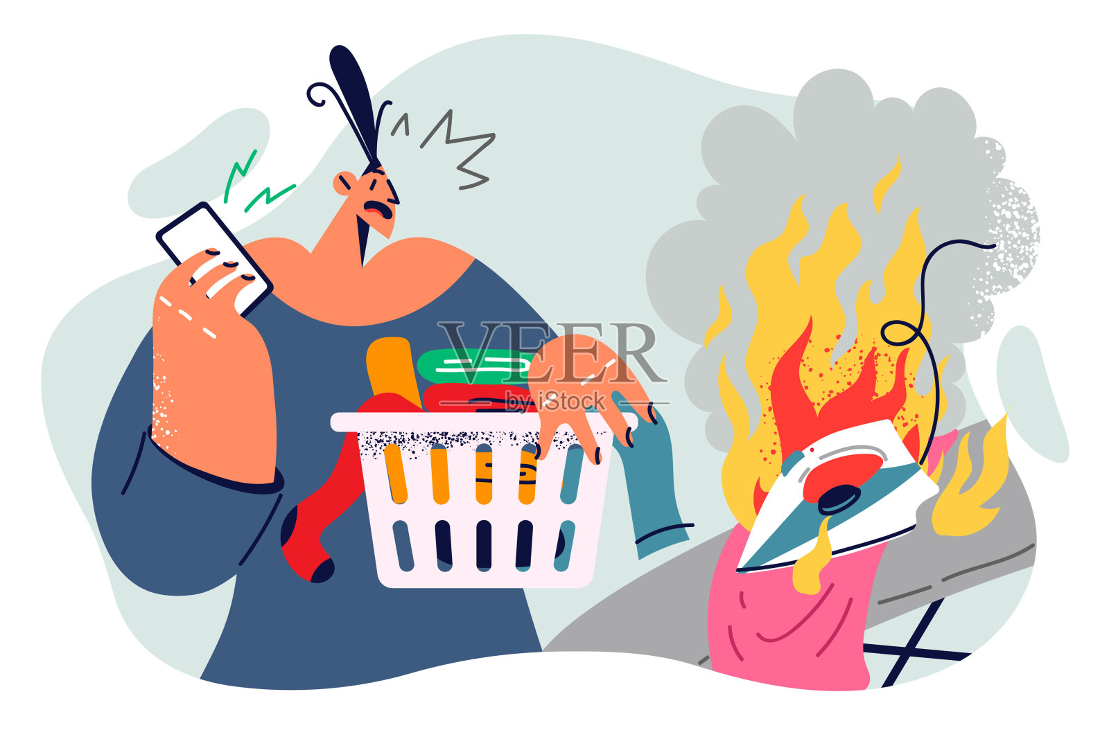 一名家庭主妇在熨烫衣服的时候，因为电话交谈而分心，允许生火插画图片素材