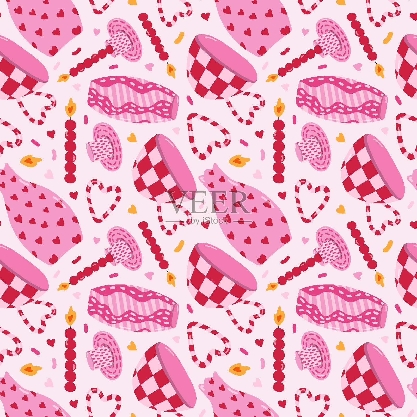 俏皮的餐具无缝图案与涂鸦在明亮的颜色。浪漫印花彩色陶器，手工陶瓷，厨房餐具，可爱的杯子和盘子，时髦的烛台。酷壁纸打印。插画图片素材