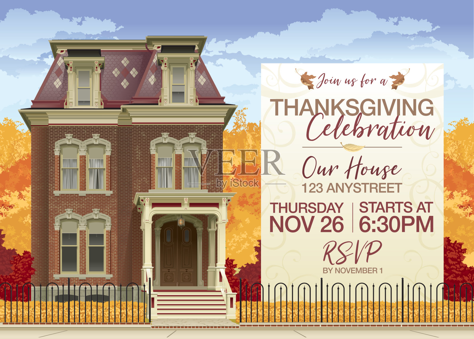 维多利亚的房子在秋天感恩节邀请和复制空间设计模板素材