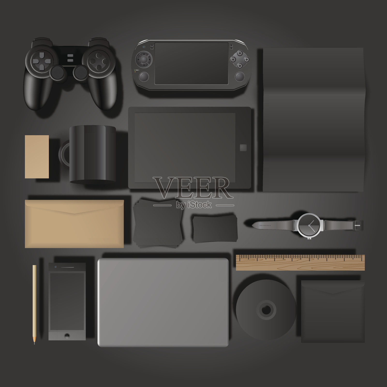 空白文具集孤立在黑色插画图片素材