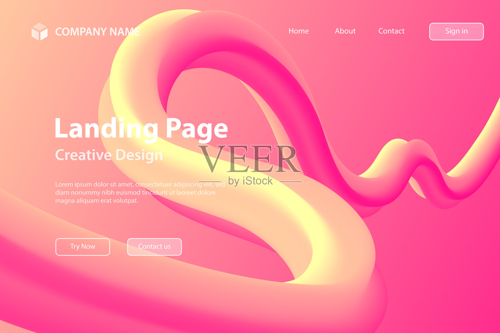 登陆页面模板-粉色渐变背景上的流体抽象设计插画图片素材