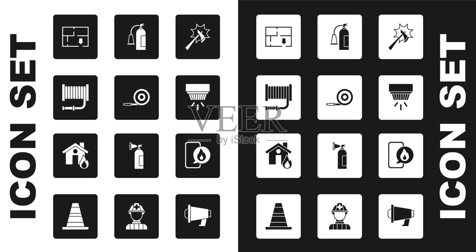 设置消防斧软管盘疏散计划图标素材