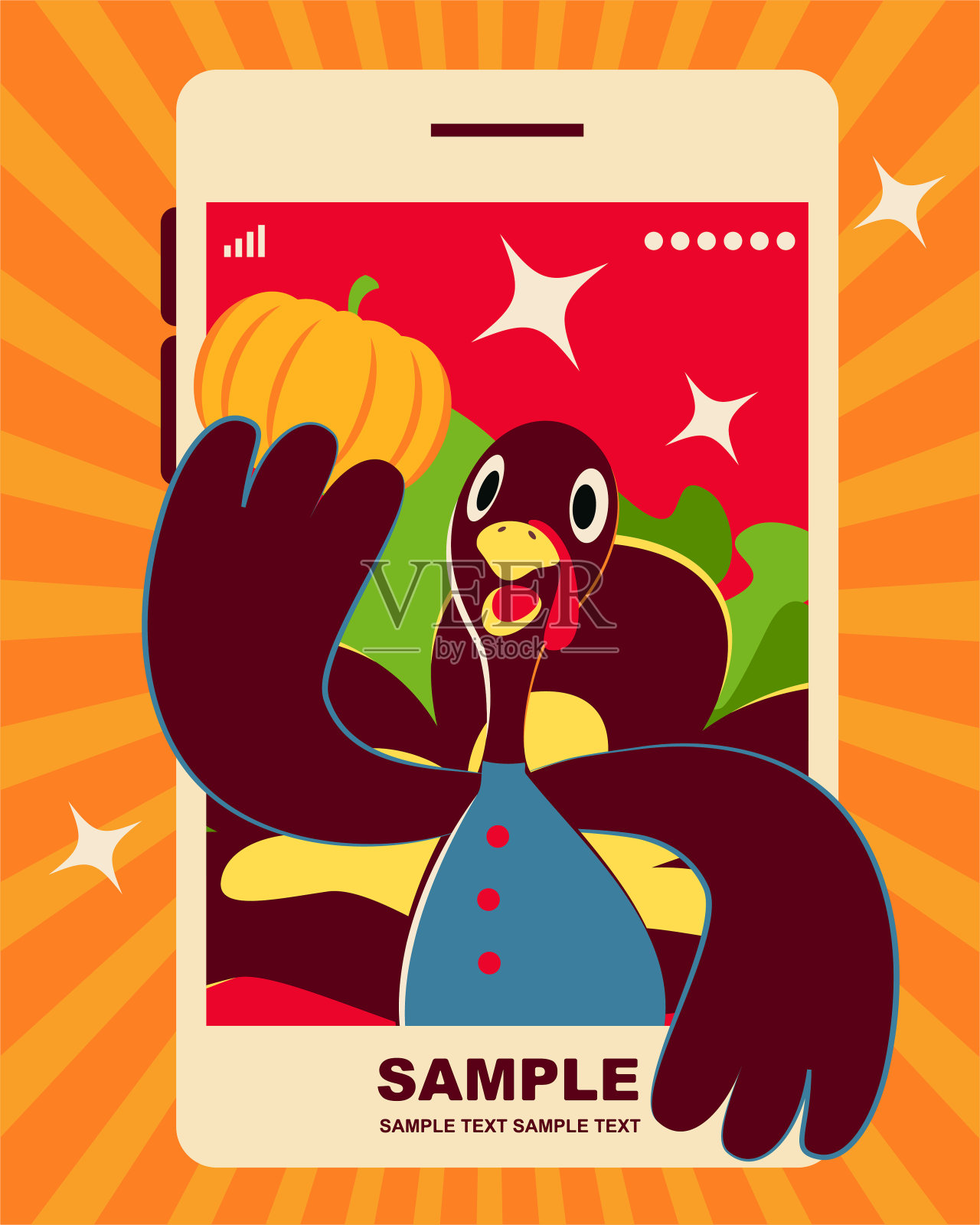 微笑的感恩节火鸡从手机里出来设计模板素材