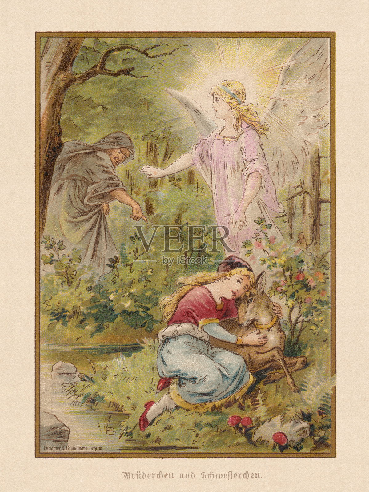 《兄妹》(Brüderchen und Schwesterchen)，格林兄弟，石版，1898年插画图片素材