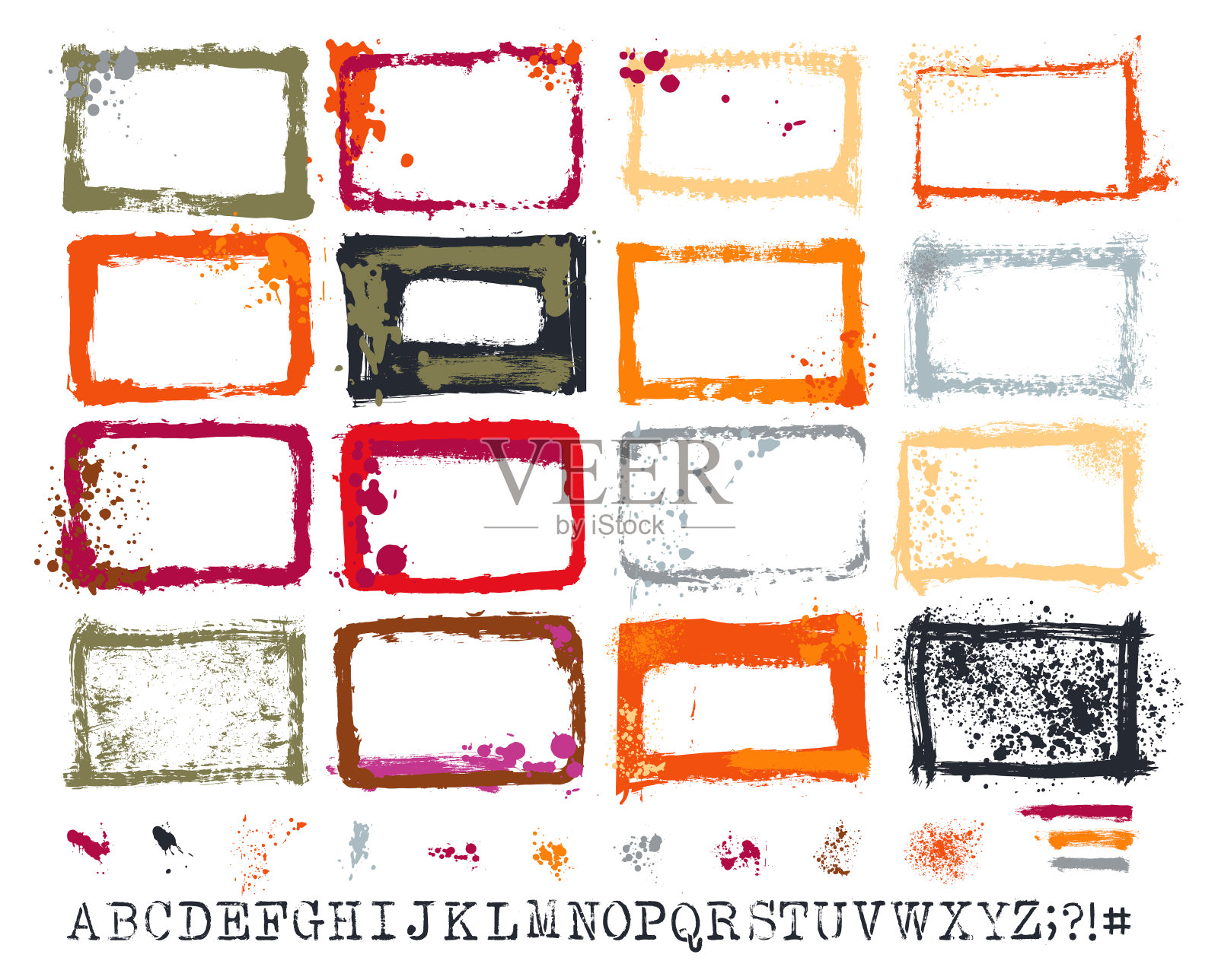 矢量手绘纹理边界和油漆喷溅集:艺术家自己的收藏插画图片素材