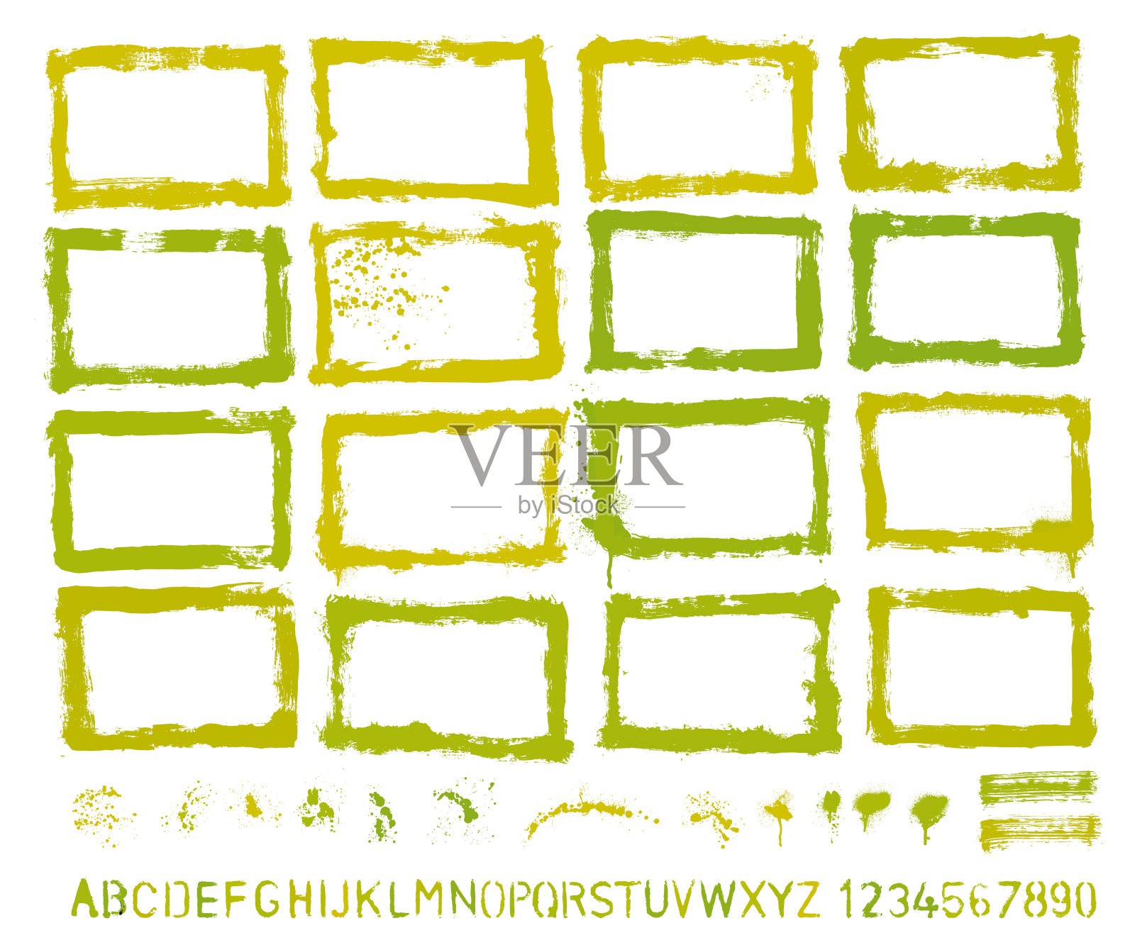 手绘设计师元素集。边界、色斑、字母表插画图片素材