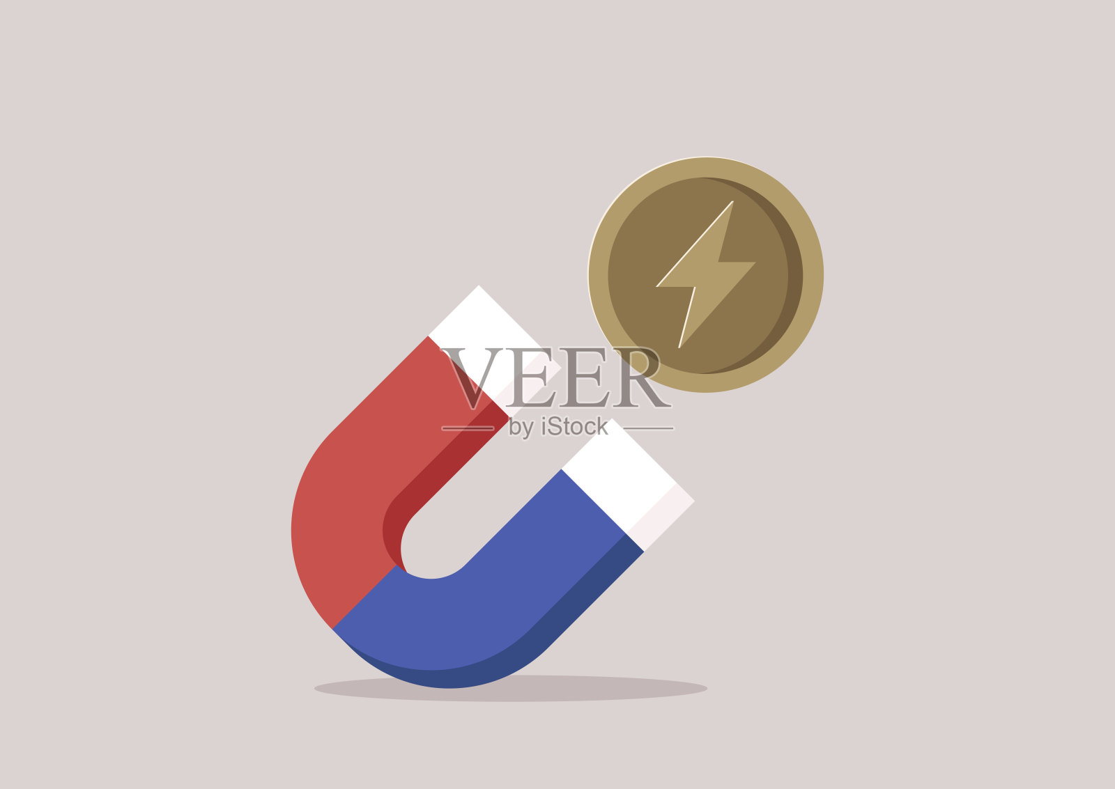 被马蹄形蓝红相间的磁铁吸引的金属硬币插画图片素材