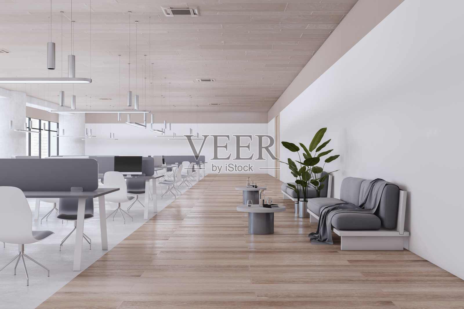 豪华的混凝土和木制联合办公室内部有隔板，设备，家具，城市景观和日光的窗户。3 d渲染。照片摄影图片