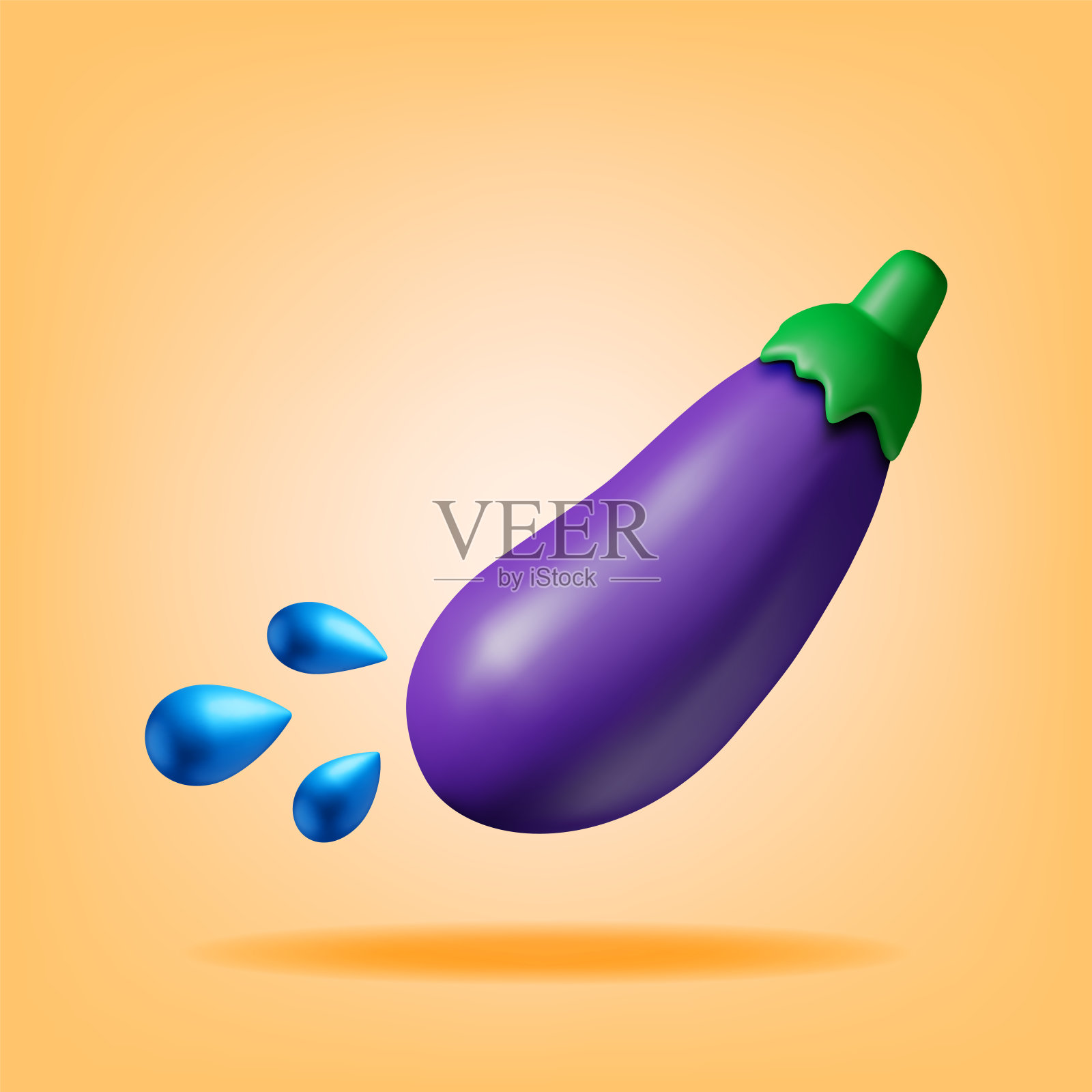 3D茄子绿叶和水滴插画图片素材