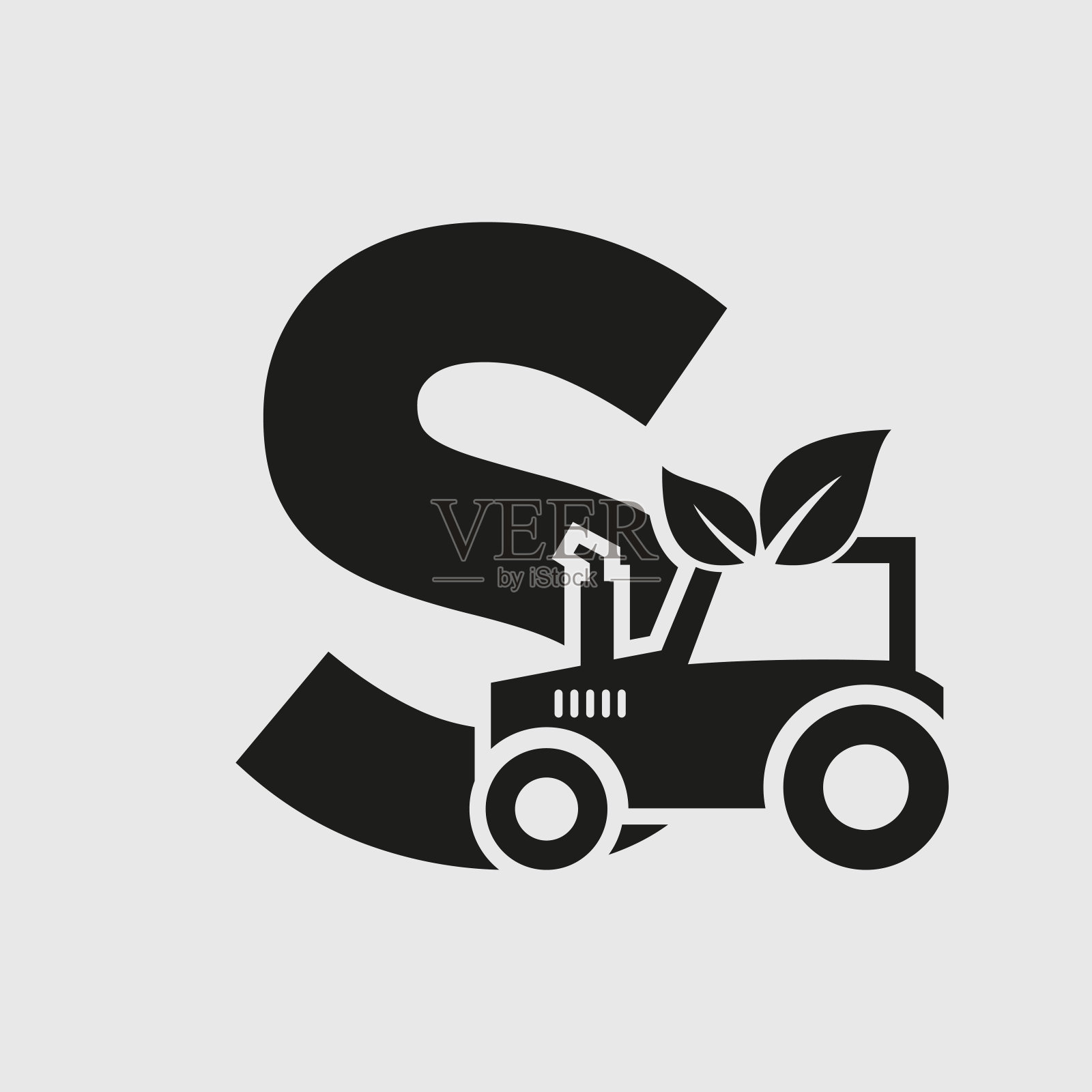 字母S农业标志概念与拖拉机图标矢量模板。生态农场标志插画图片素材