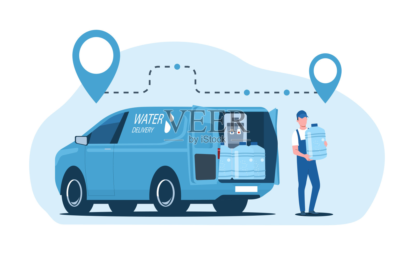 送水服务概念。工人，水瓶，货车和导航点插画图片素材