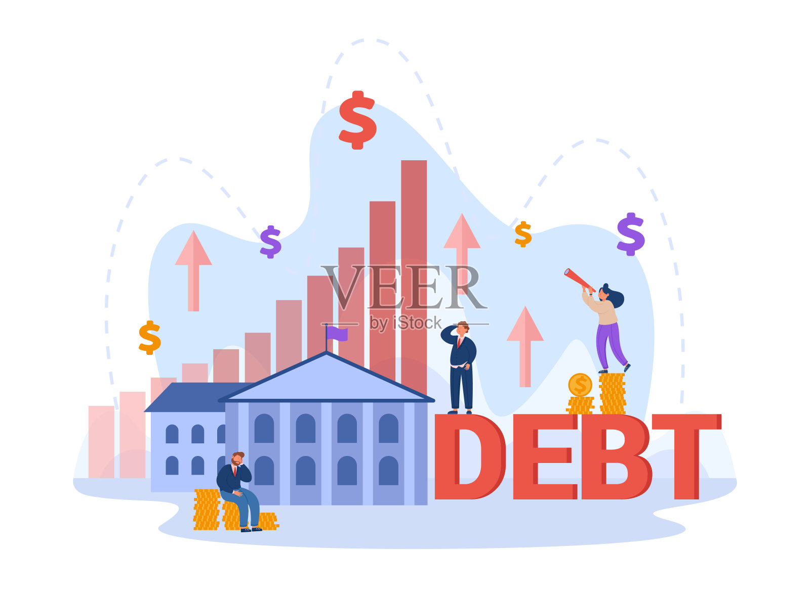 忧心忡忡的人们正在研究债务矢量图插画图片素材