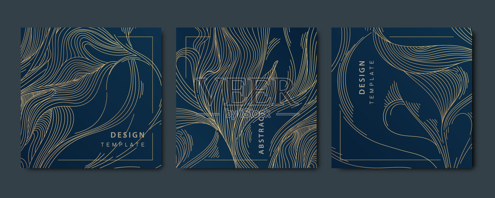 矢量集抽象的豪华金色方卡，波后模板的社会网络，树叶植物现代，装饰艺术壁纸背景。日本风格的线条花卉图案。插画图片素材