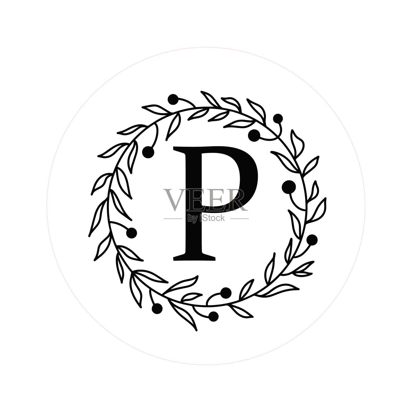 字母“P”首字母圆形花框架，矢量字母组合标志，环状文件插画图片素材