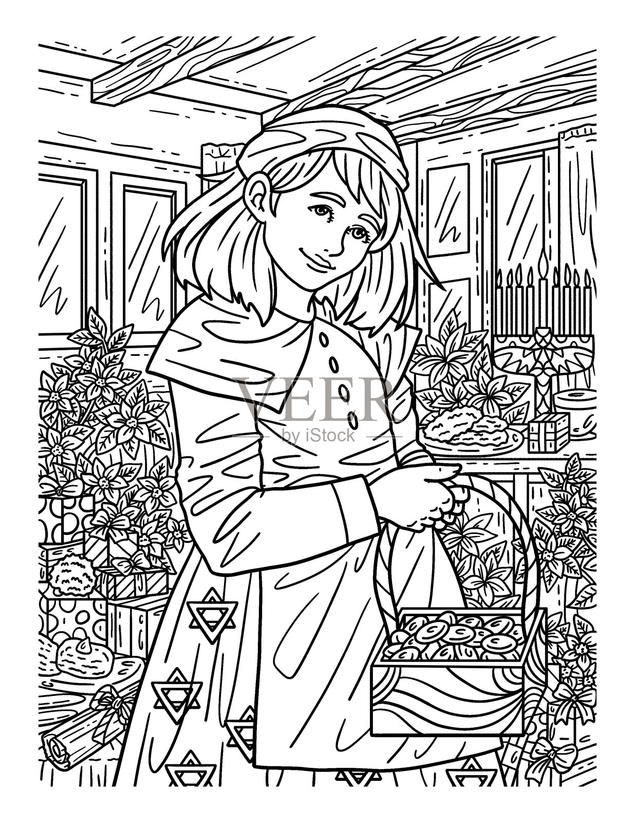 光明节女孩提篮子成人涂色页插画图片素材