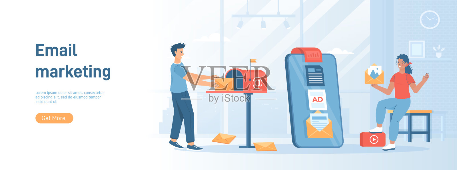 电子邮件营销服务，广告活动。公司产品的数字化推广，客户沟通。社交媒体宣传材料的平面概念。白色背景的网站横幅。插画图片素材