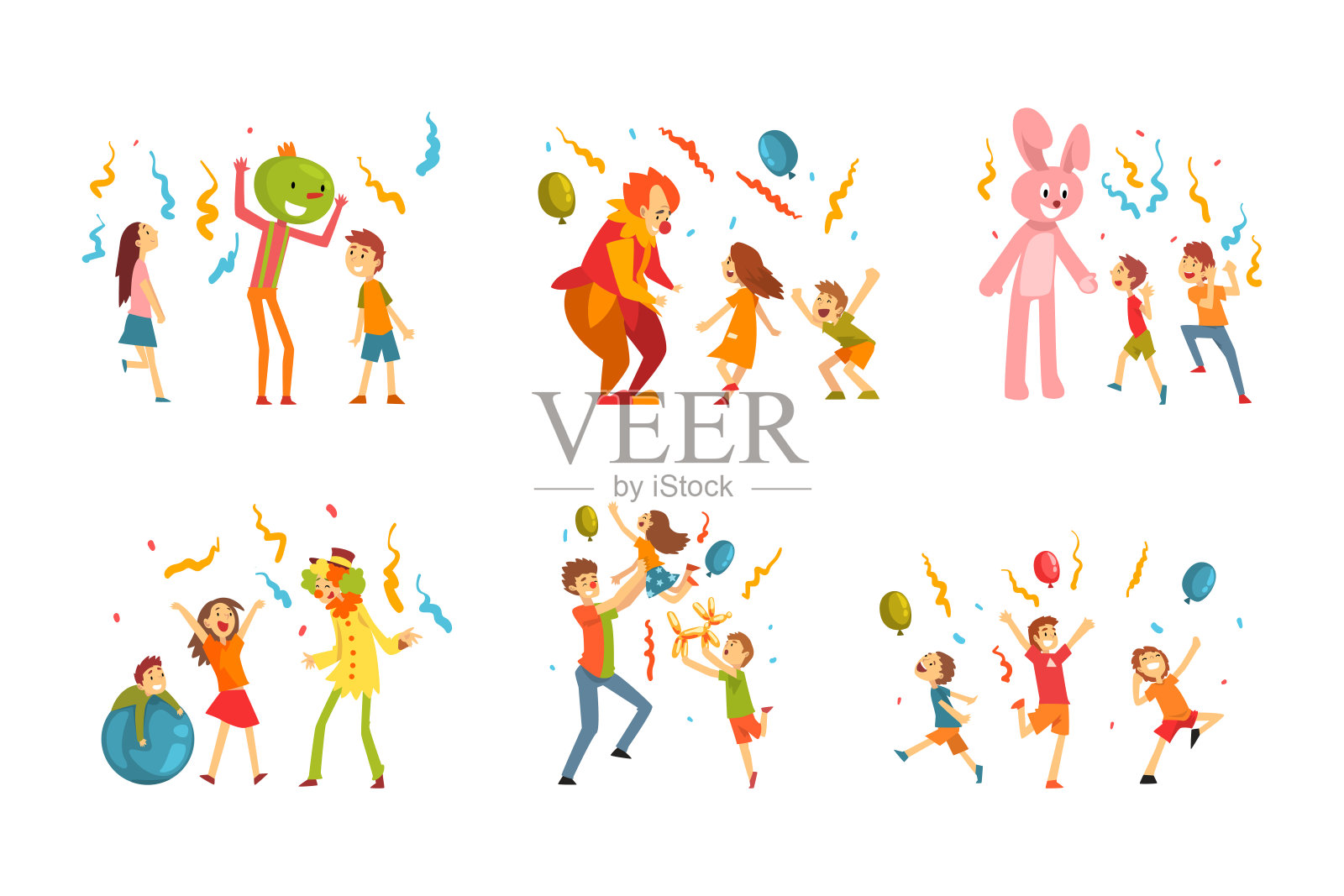 演员们穿着滑稽的服装在生日派对现场招待孩子们。快乐的孩子们有乐趣与小丑，兔子，喜剧演员在嘉年华展示卡通矢量插图插画图片素材