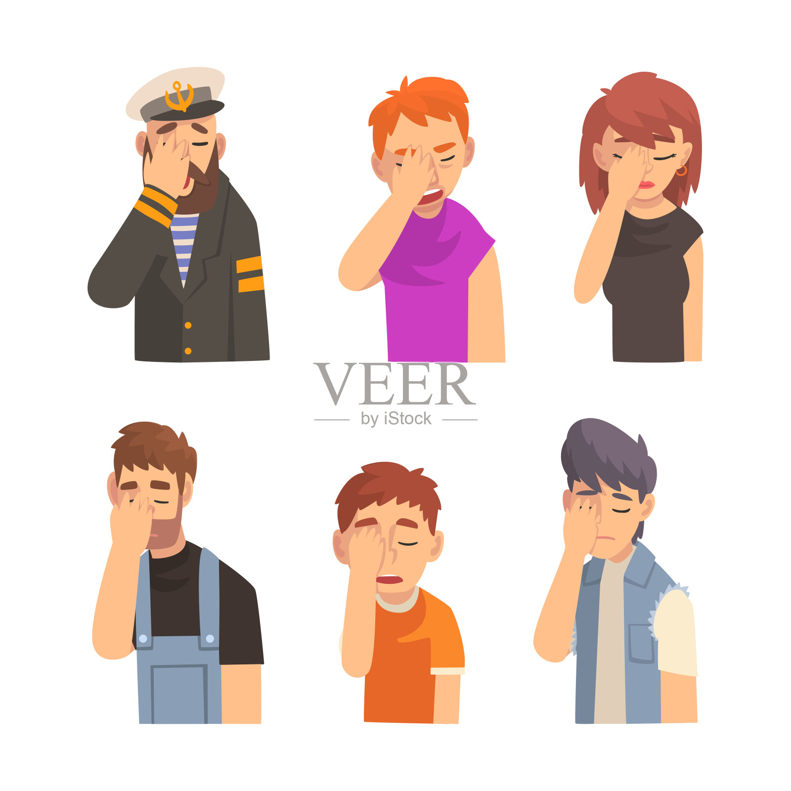 男人和女人感到难以置信,头痛,失望或羞耻,用手卡通矢量插图遮住他们