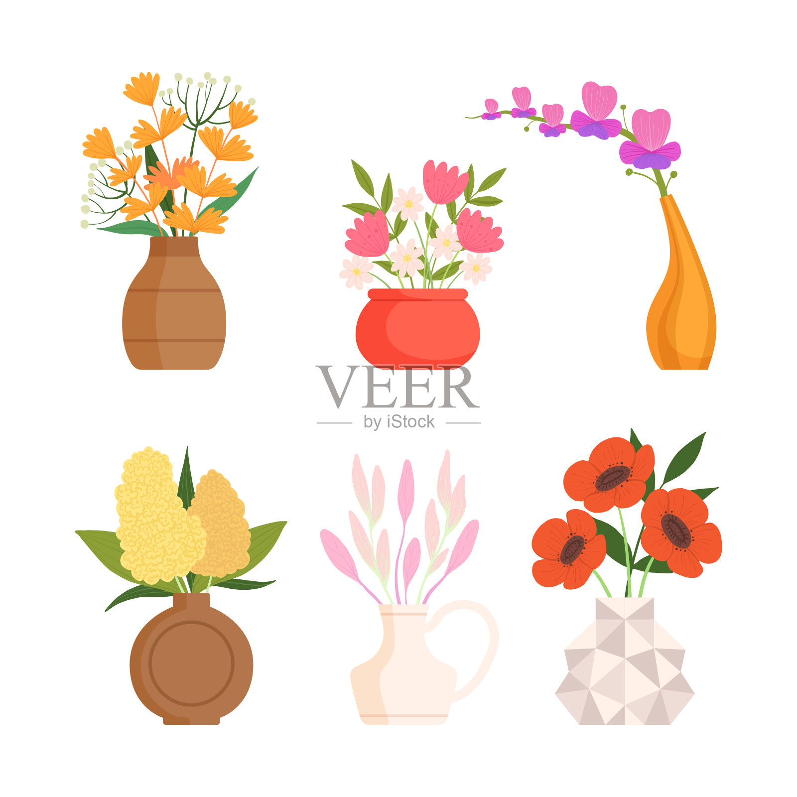 一套花束。明亮的夏天盛开的花朵在花瓶卡通矢量插图插画图片素材