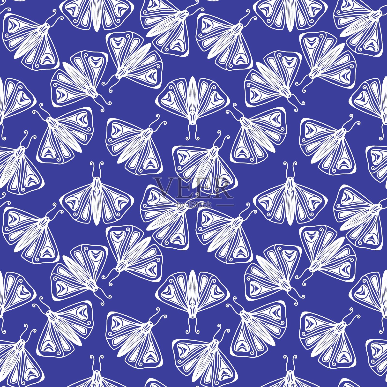 无缝图案的白色飞蛾在哥特式风格的蓝色背景，数字插图插画图片素材