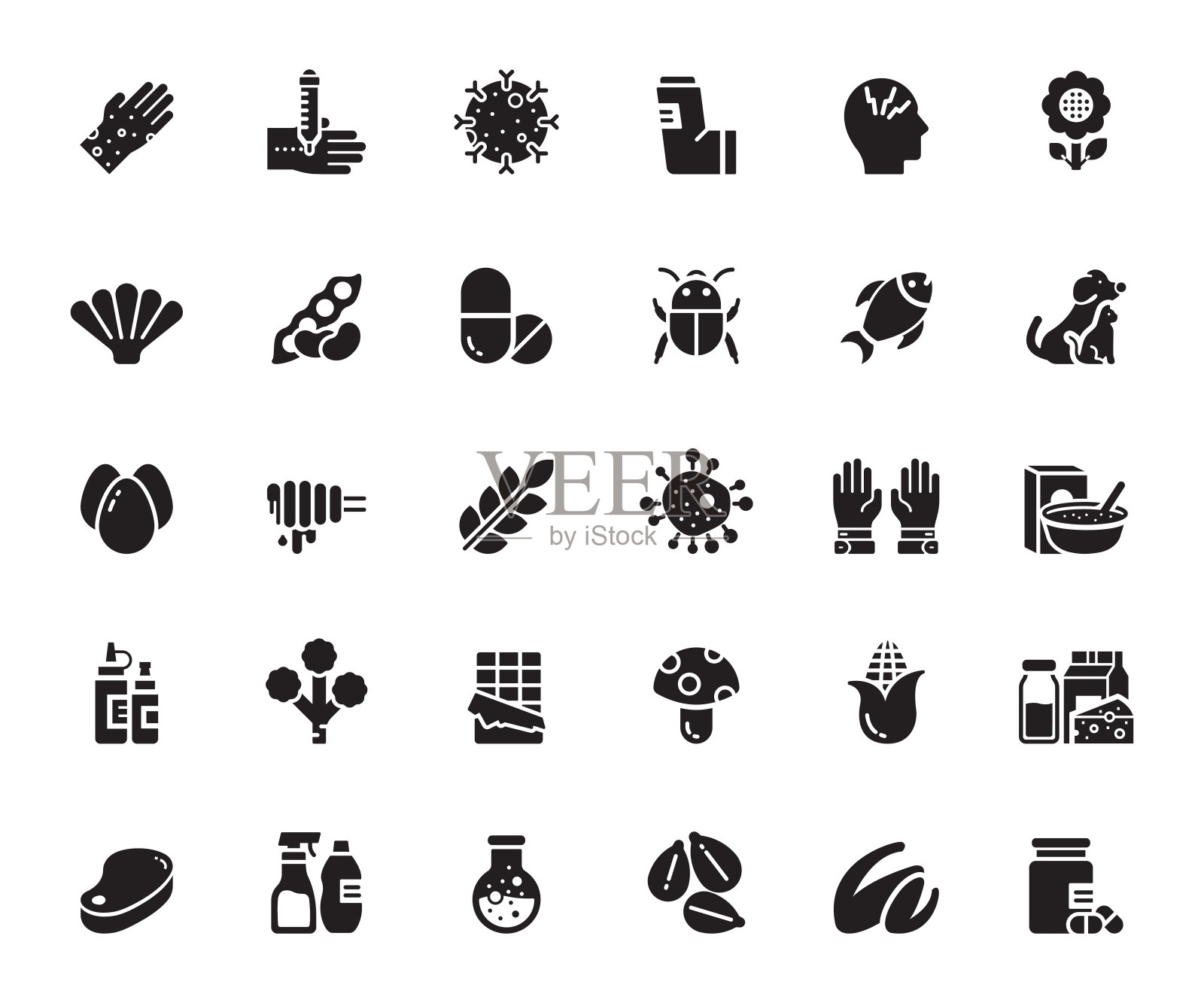 过敏和基本过敏原相关矢量图标的简单设置。符号集合图标素材