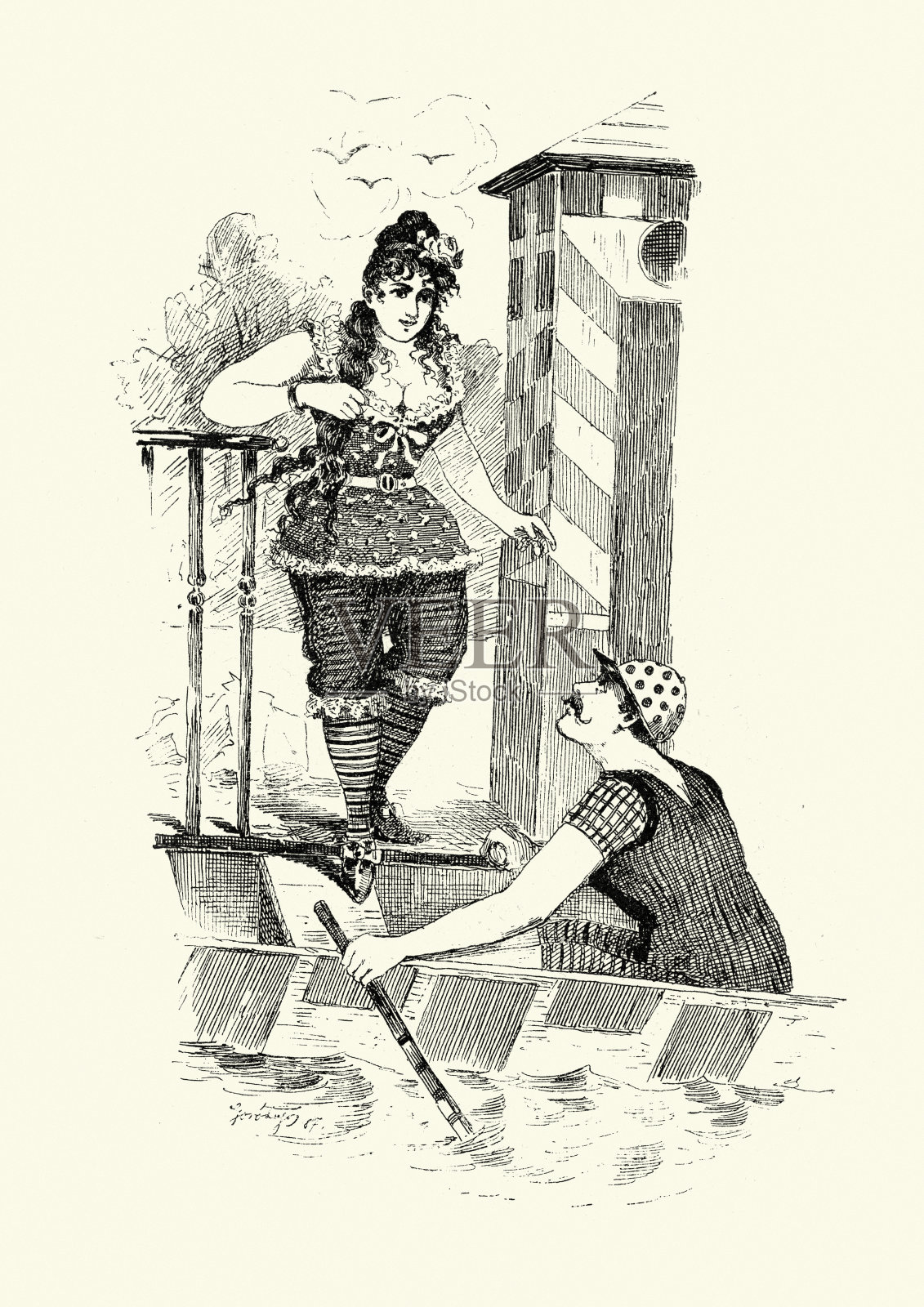 一对年轻夫妇在划船，维多利亚，19世纪插画图片素材