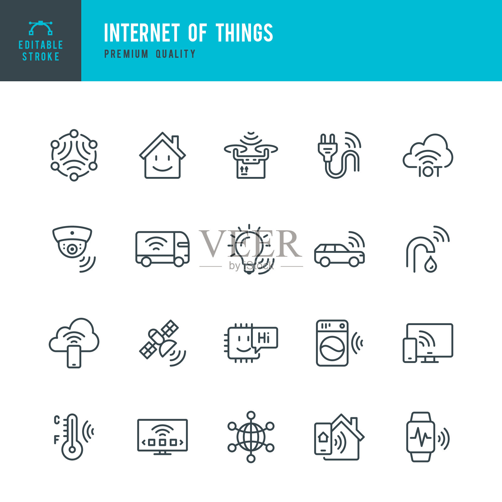 物联网-向量线图标集。人工智能、机器学习、计算机芯片、监控、物联网、智能家居。大纲可编辑的中风。图标素材