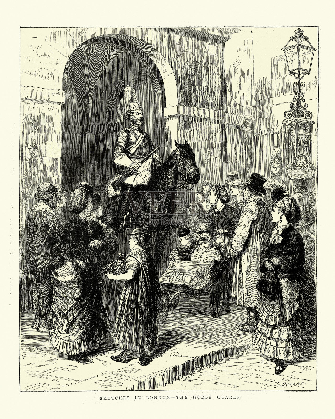 伦敦维多利亚时代，皇家骑兵卫队外的场景插画图片素材