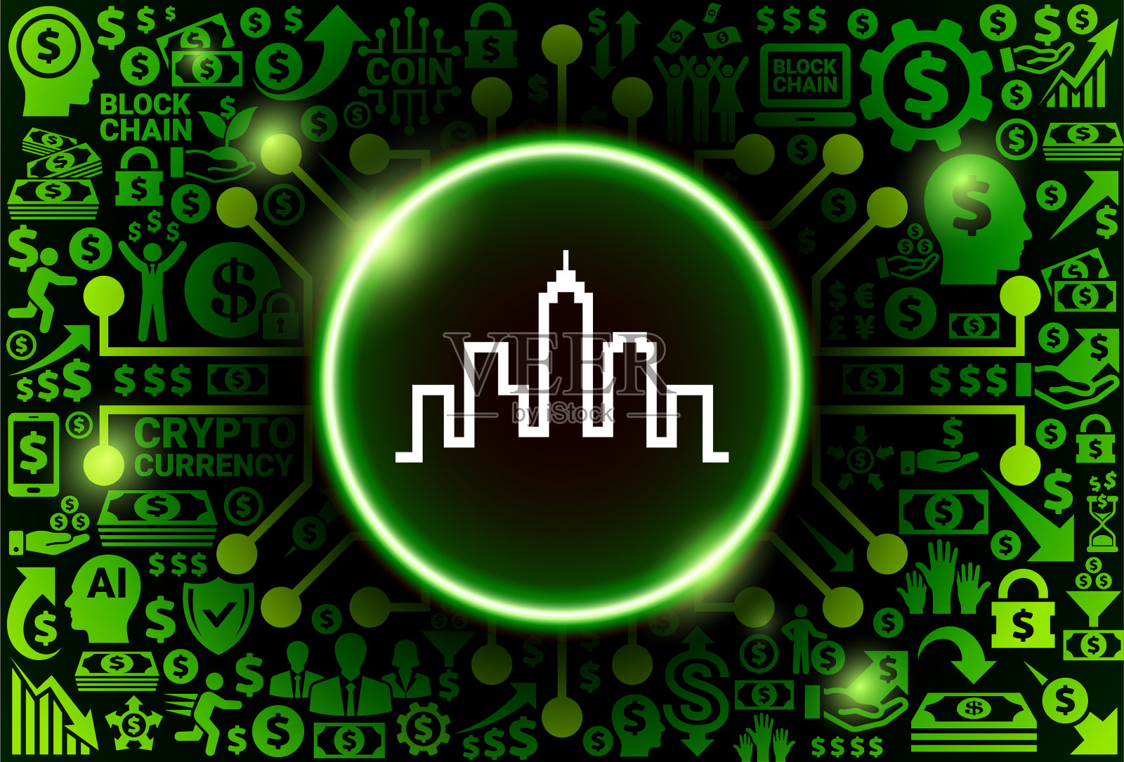 货币和加密货币背景上的城市景观建筑图标插画图片素材