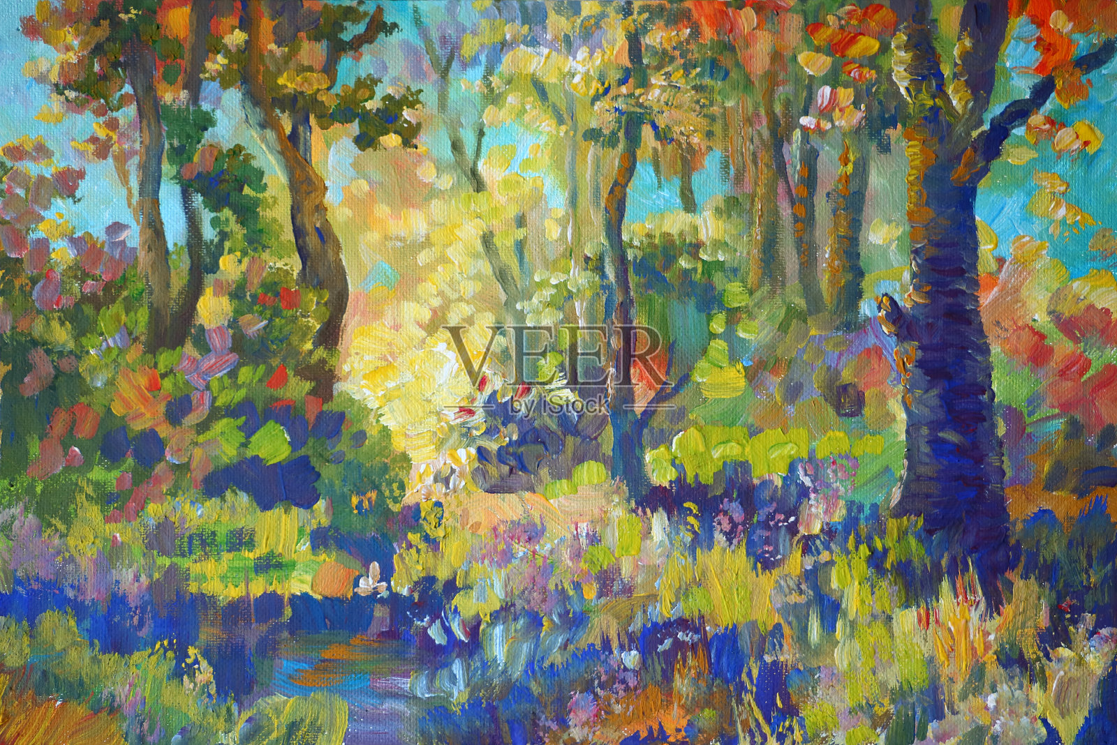 秋天用印象派的风格画森林插画图片素材