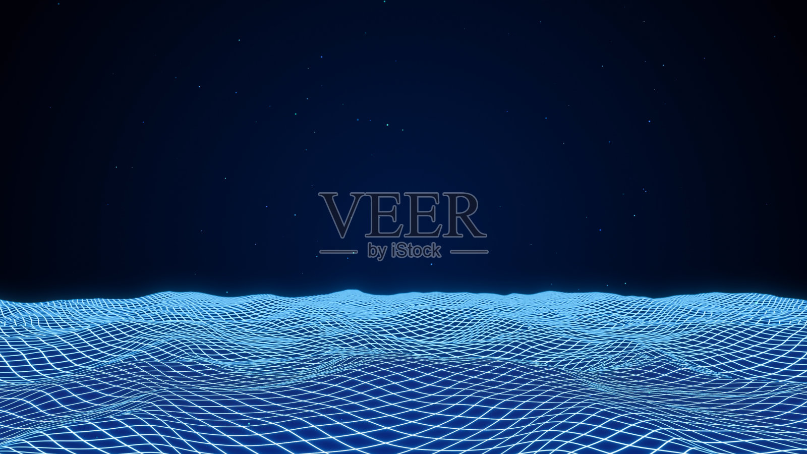 蓝色霓虹网格波背景，未来感线框地形，3d渲染抽象复古电脑数字数据赛博空间设计照片摄影图片