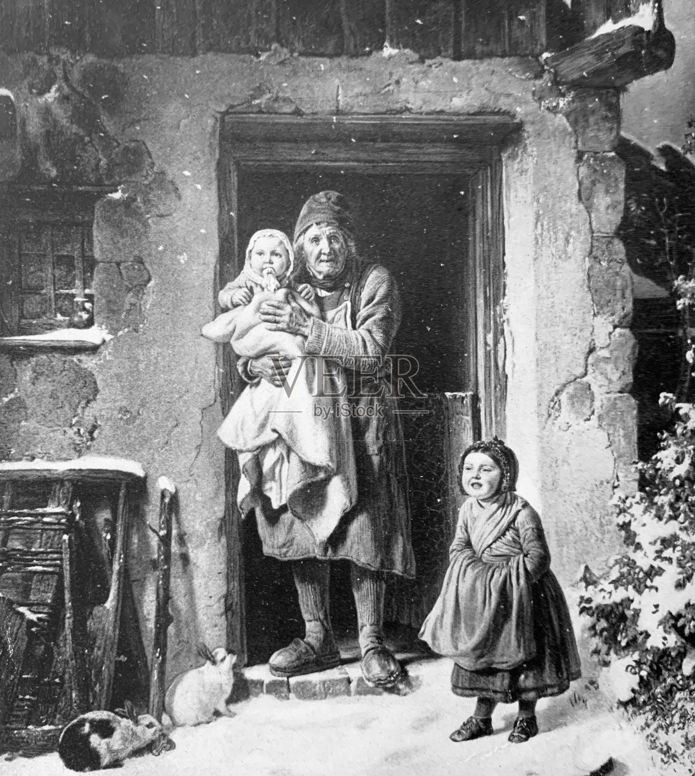 农舍周围的初雪插画图片素材